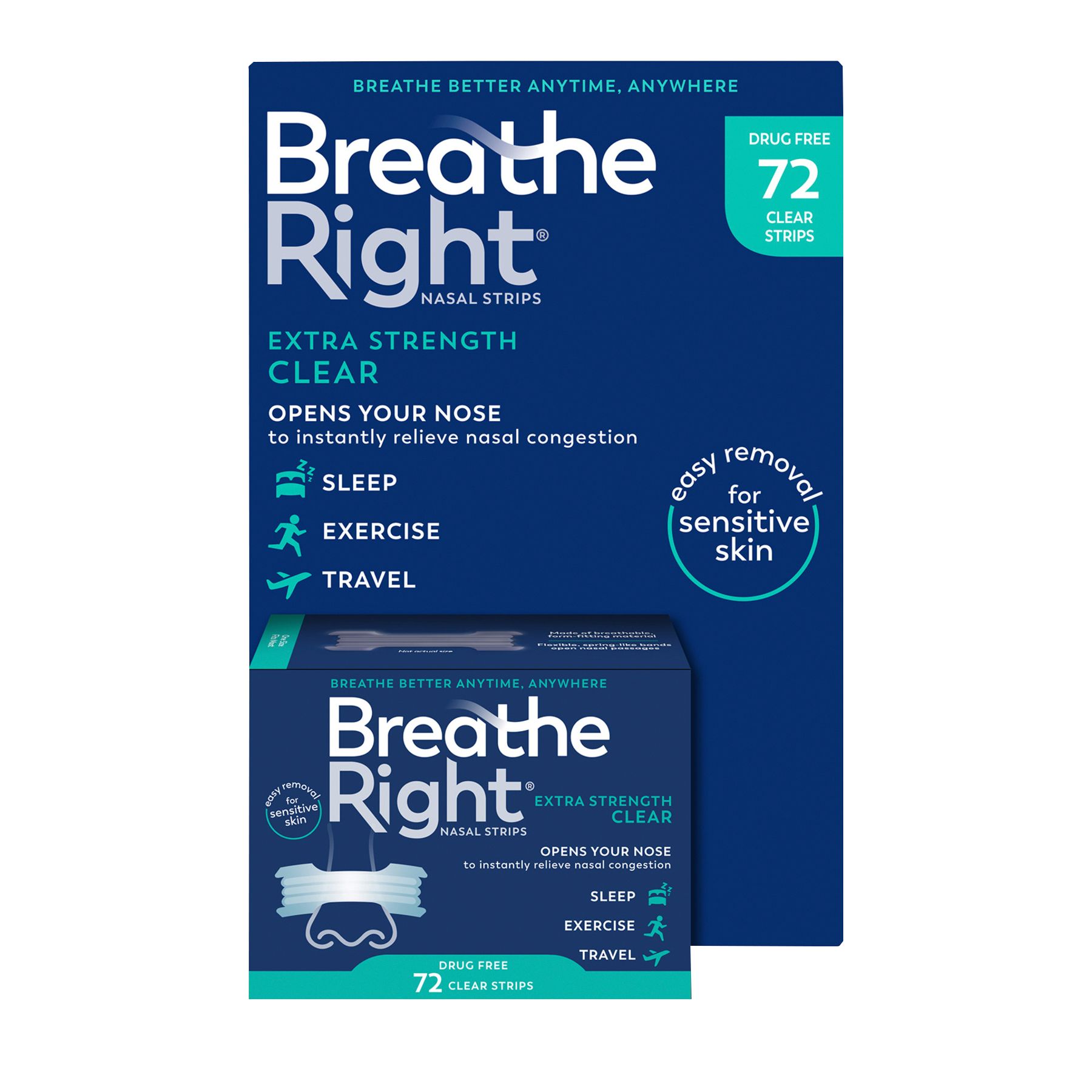 Breathe Right Extra Strength Nasal Strips, 72 Count (CLEAR) Drug Free 