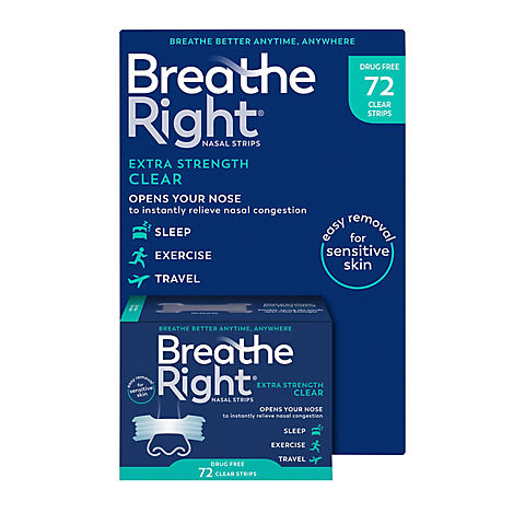 Breathe Right Nasal Strips, Extra Strength Clear, For Sensitive Skin, 72 ct.