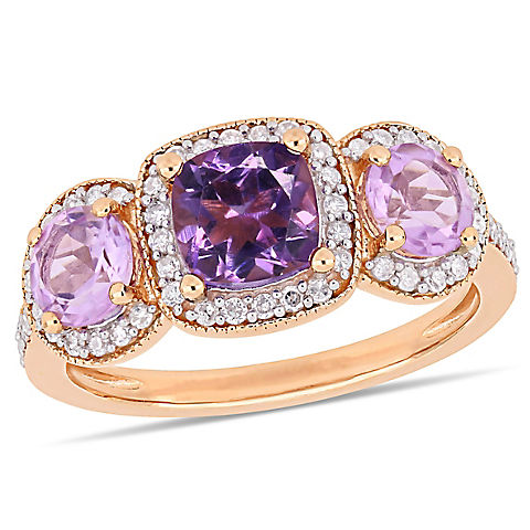 Amethyst, Rose de France and 1/3 ct. t.w. Diamond Engagement Ring in Rose Plated Sterling Silver