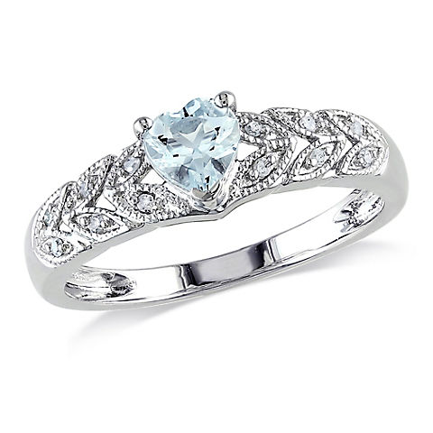 Aquamarine and Diamond Accent Heart Ring in Sterling Silver