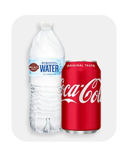 Beverages, showing water bottles and Coca-Cola