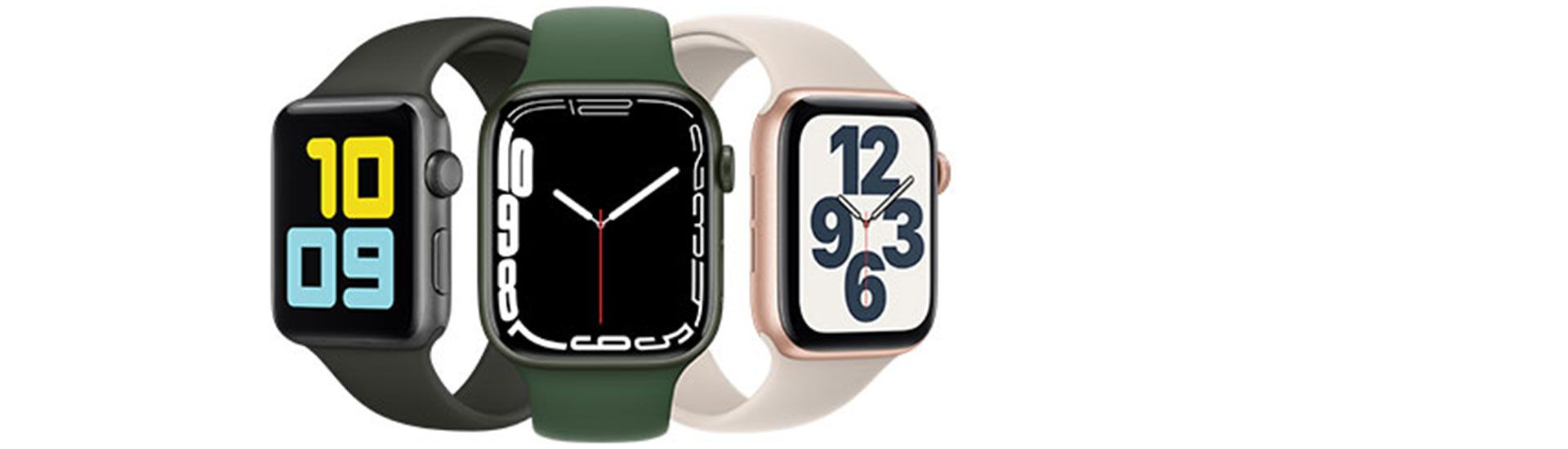 Photo of three Apple Watches with different colors or watch faces