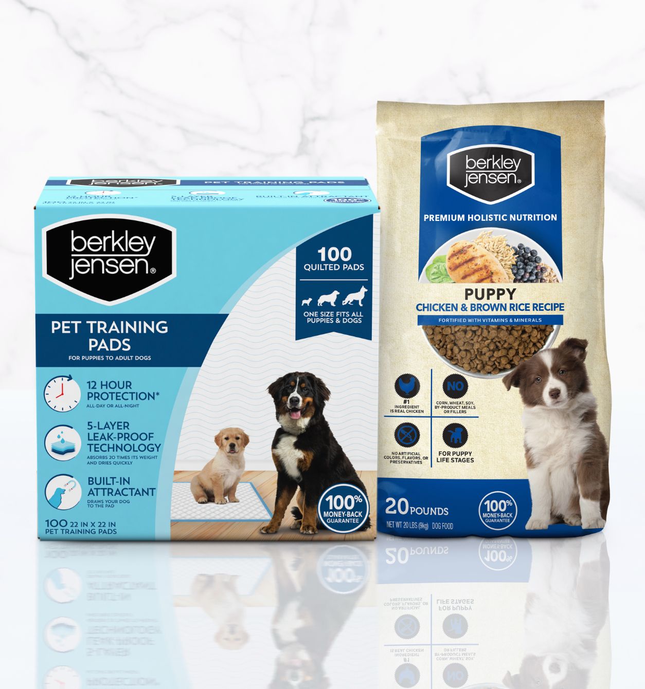 photo of berkley jensen pet training pads next to puppy chicken and brown rice dog food on marble background