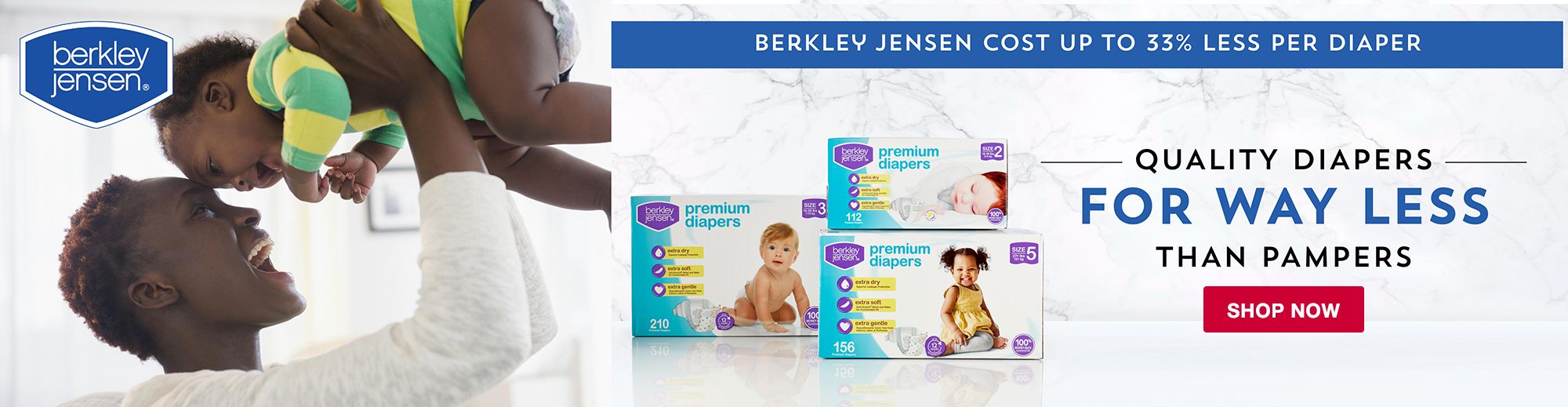 Berkley Jensen costs up to 33 percent less per diaper. Quality diapers for way less than Pampers. Click to shop now.