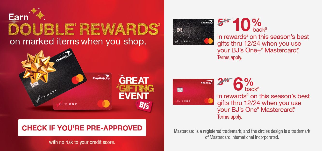 Text: BJsOne. Earn double rewards on marked items when you shop.  Check if you're pre-approved