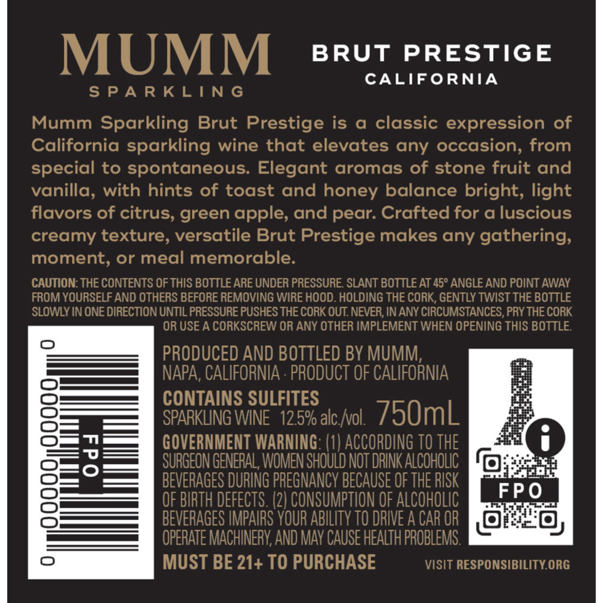 Mumm Sparkling Wine Brut Prestige California Wine, 750ml