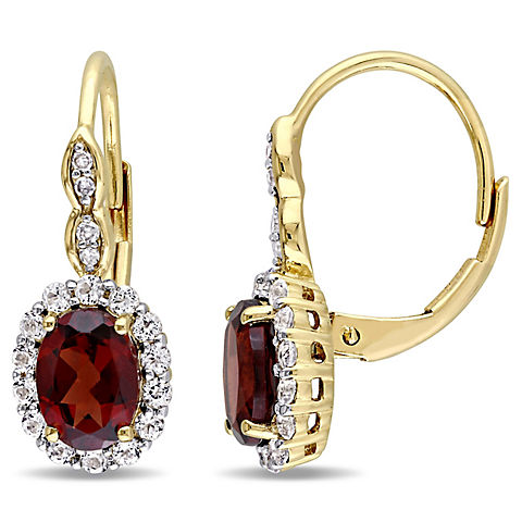 2 3/4 ct. TGW Oval Shape Garnet, White Topaz, and Diamond Accent Vintage Leverback Earrings in 14k Yellow Gold
