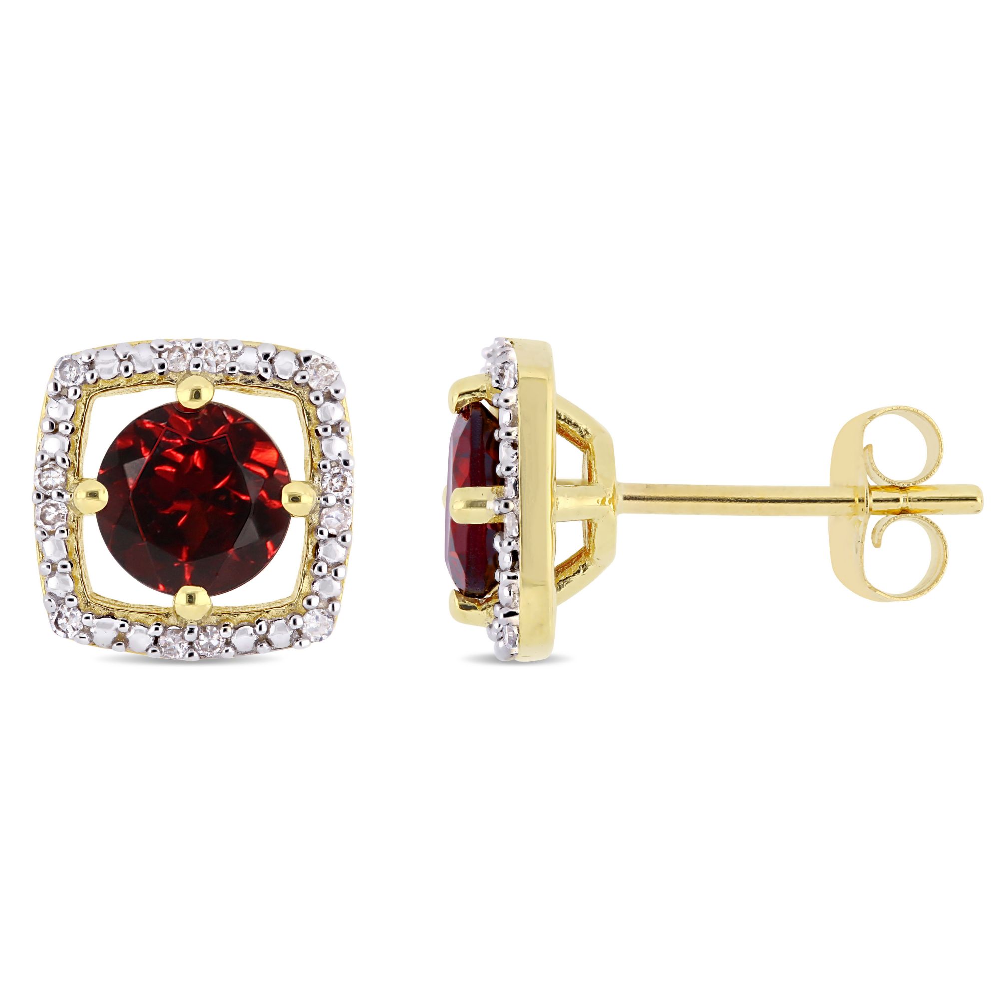 1 1/5 ct. TGW Garnet and Diamond Halo Square Stud Earrings in 10k