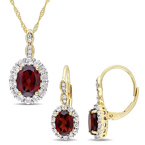 4 3/4 ct. TGW Garnet, White Topaz, and Diamond Accent Vintage Leverback Earrings & Pendant 2-Pc. Set in 14k Yellow Gold
