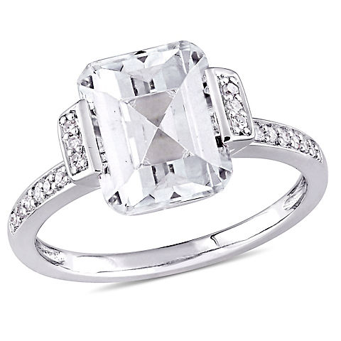 4 ct. TGW Emerald Cut White Topaz and 1/10 ct. TW Diamond Halo Engagement Ring in Sterling Silver