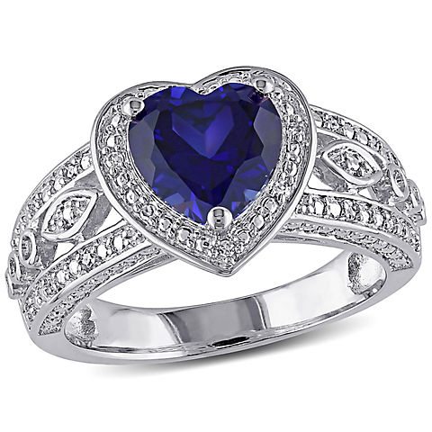 2 1/4 ct. TGW Created Blue Sapphire and 1/10 ct. t.w. Diamond Vintage Heart Ring in Sterling Silver