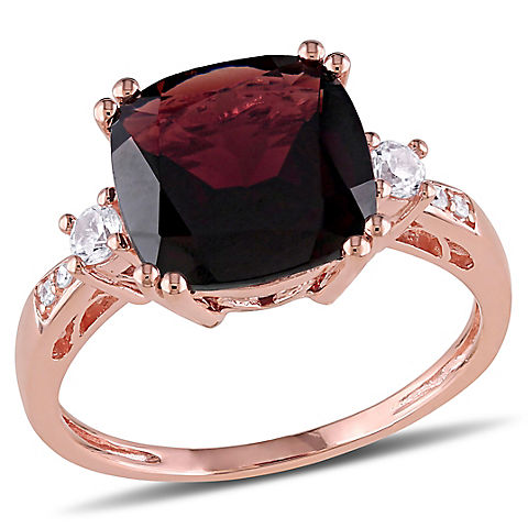 4 1/6 ct. TGW Cushion Cut Garnet and Created White Sapphire Ring with Diamonds in 10k Rose Gold