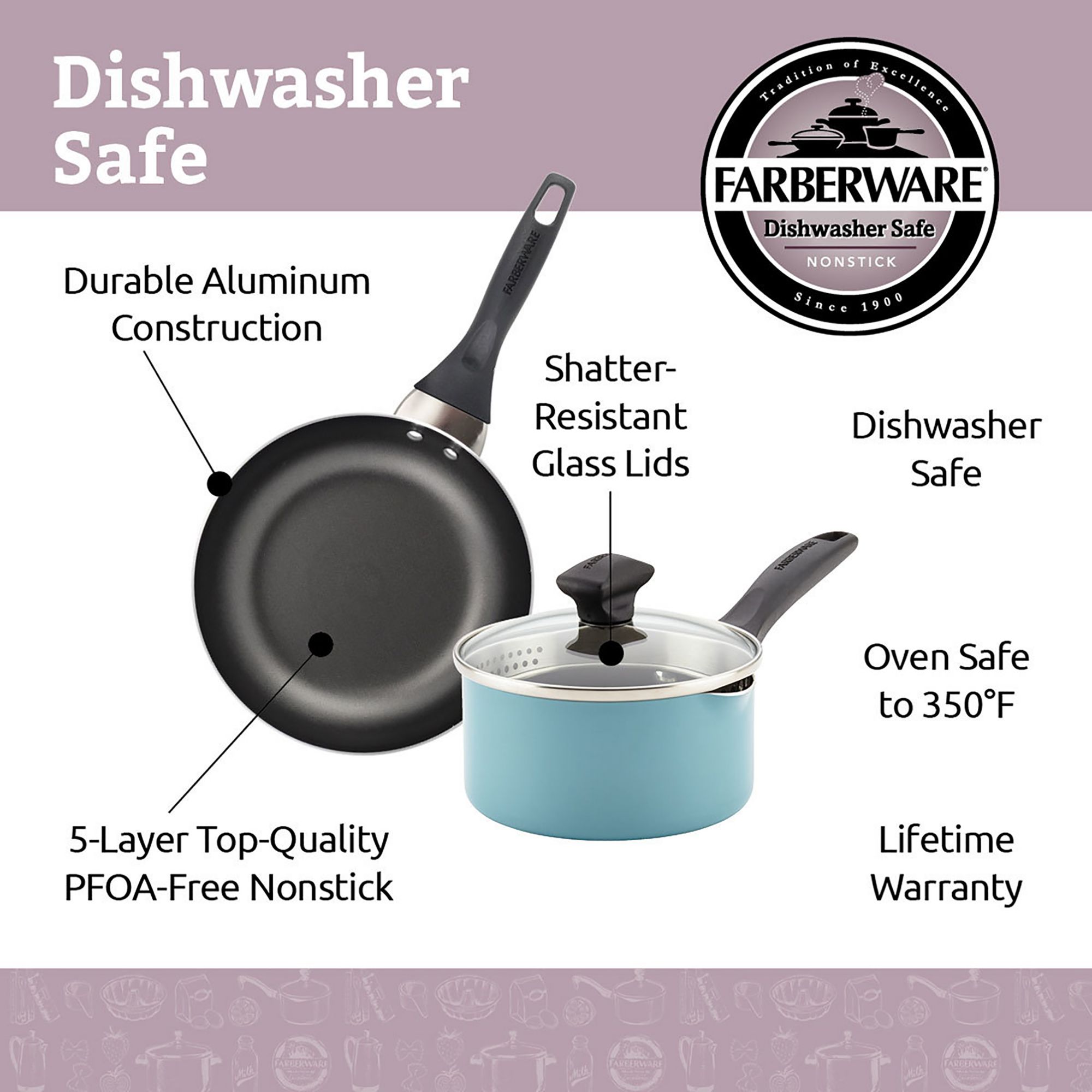 Farberware Dishwasher Safe Nonstick Cookware Set, Teal, 15-Piece