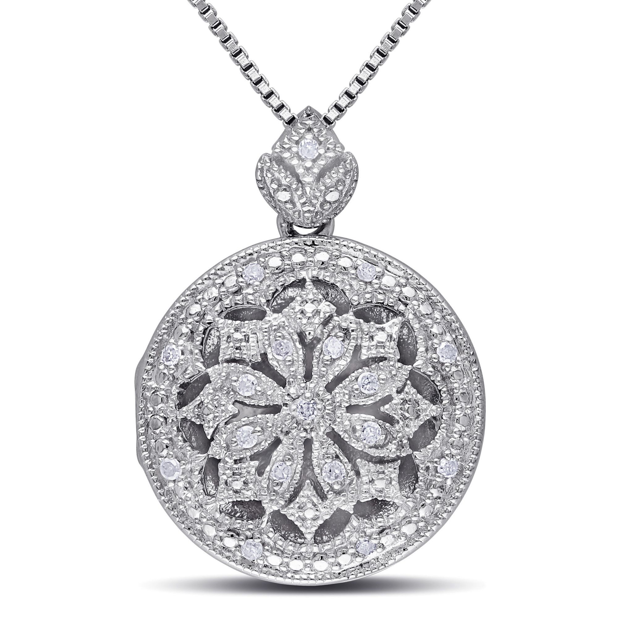 Diamond Flower Locket Necklace 1/4 ct tw Round-cut Sterling Silver 18
