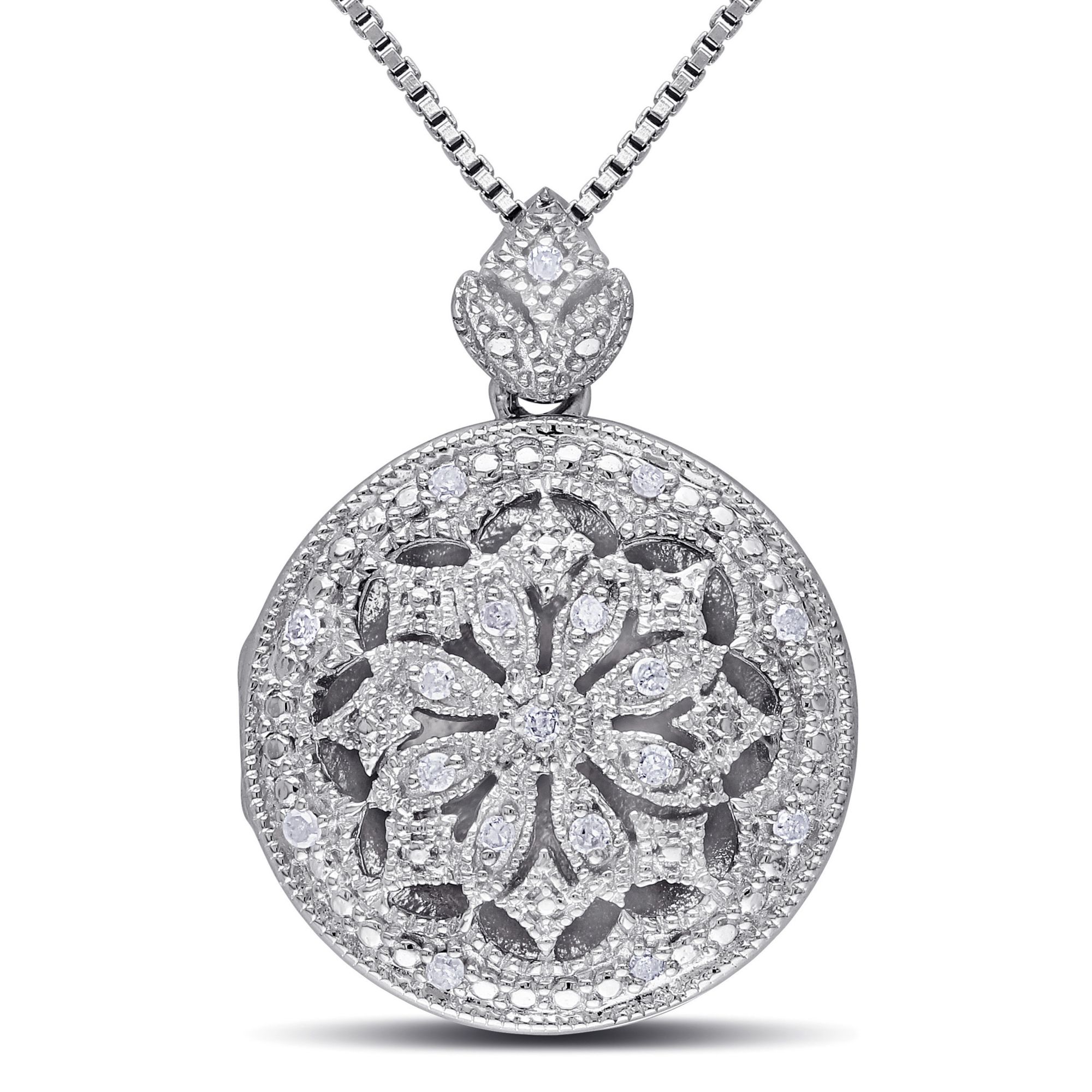 Diamond Accents Floral Vintage Locket Pendant with Chain in 