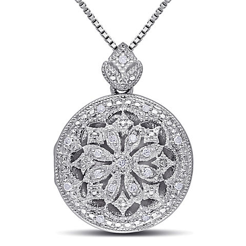 Diamond Accents Floral Vintage Locket Pendant with Chain in Sterling Silver