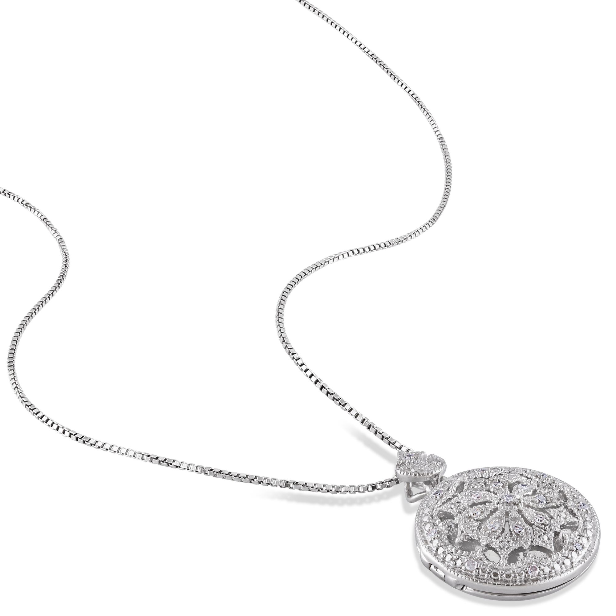 Diamond Accents Floral Vintage Locket Pendant with Chain in 