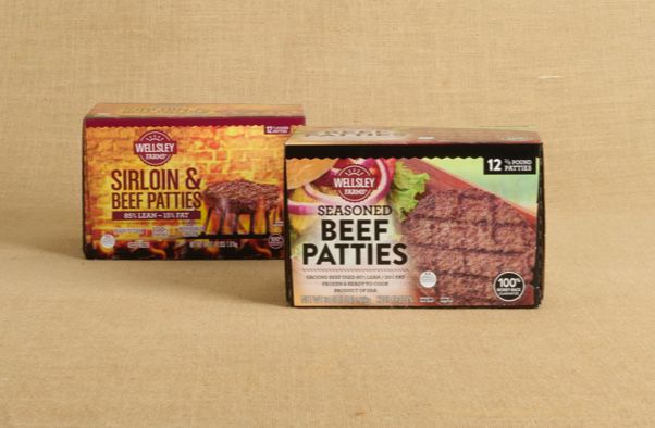 Photo of Wellsley Farms beef patties on a burlap background