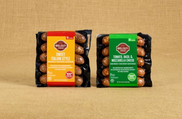 Photo of Wellsley Farms sausage packages on a burlap background