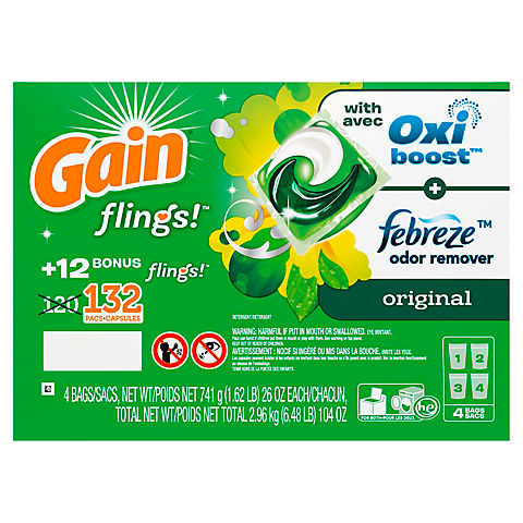 Gain Flings! Original Scent Liquid Laundry Detergent Pacs, 132 ct.