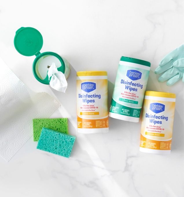 Flatlay photo of household essentials including cleaning wipes