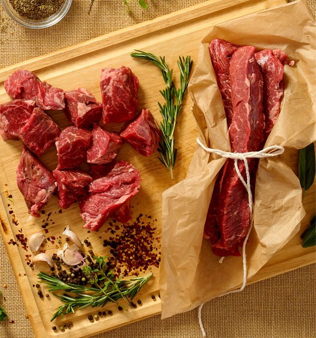 overhead photo of wellsley farms red meat with spices on a cutting board