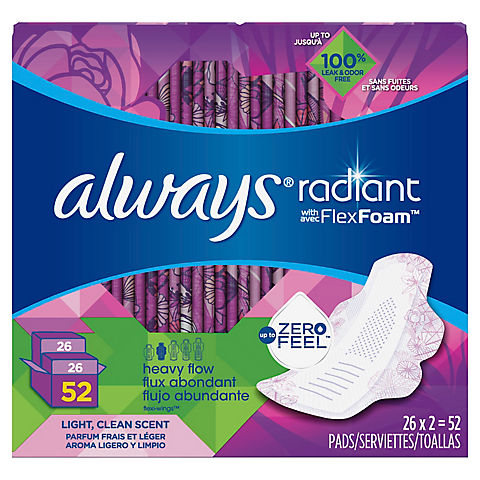 Always Radiant Long Super Maxi Pads with Wings, 52 ct.