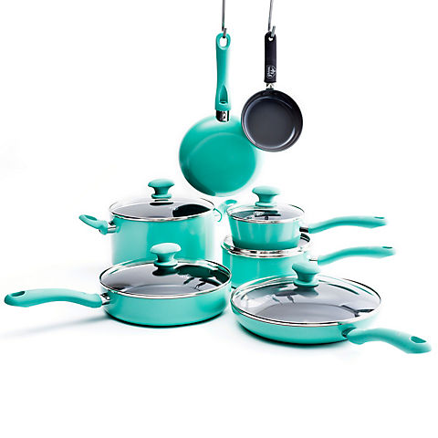 GreenLife Soft Grip Healthy Ceramic Nonstick, 14 Piece Cookware Pots and  Pans Set, PFAS-Free, Dishwasher Safe, Turquoise