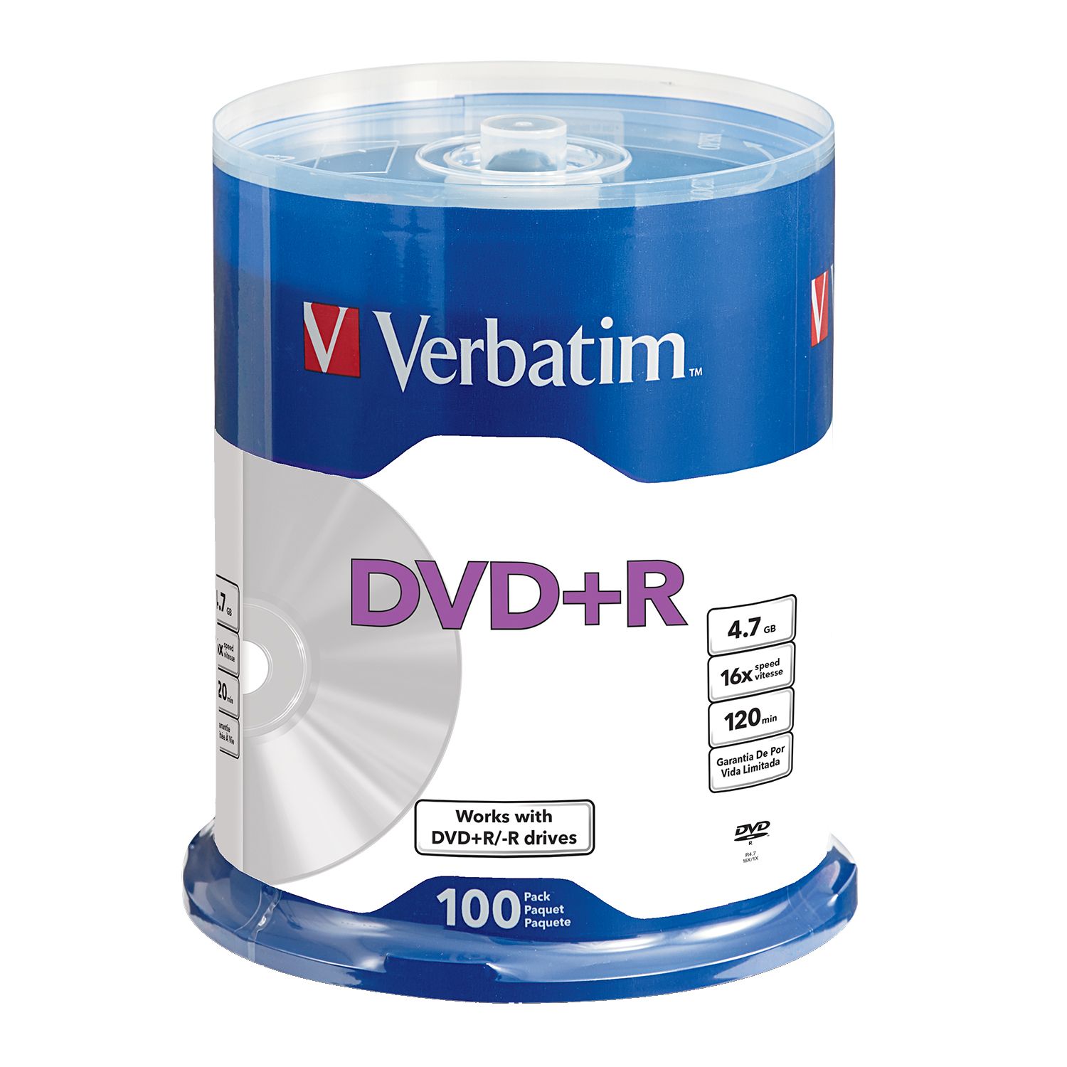 Verbatim Life Series DVD+R 4.7GB 16x Recordable Blank Disc 100 Pack Spindle  