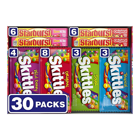 Skittles and Starburst Chewy Candy Bulk Variety Pack, Full Size Assorted Fruity Candy, 30 ct