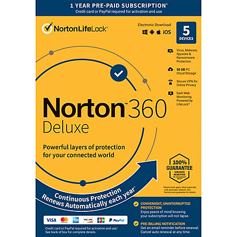 Norton 360 Deluxe, 5 Devices, 1-Year Subscription with Auto Renewal