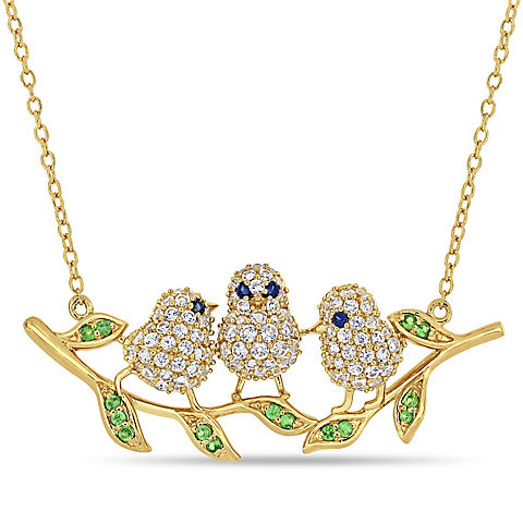 1 2/5 ct. t.w. Created Blue and White Sapphire Three Birds On a Branch Pendant in Yellow Plated Sterling Silver