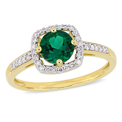 4/5 ct. t.w. Emerald and Diamond Accent Halo Ring in 10k Yellow Gold