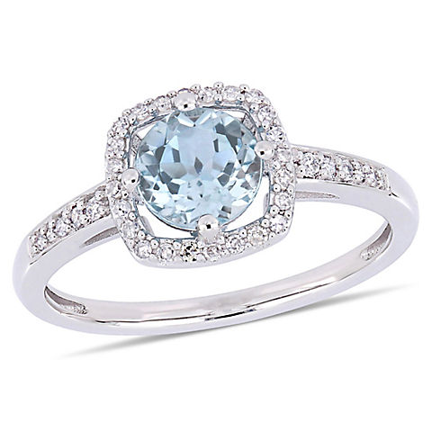 1 ct. t.w. Blue Topaz and Diamond Accent Halo Ring in 10k White Gold