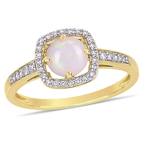 5/8 ct. t.w. Opal and Diamond Accent Halo Ring in 10k Yellow Gold