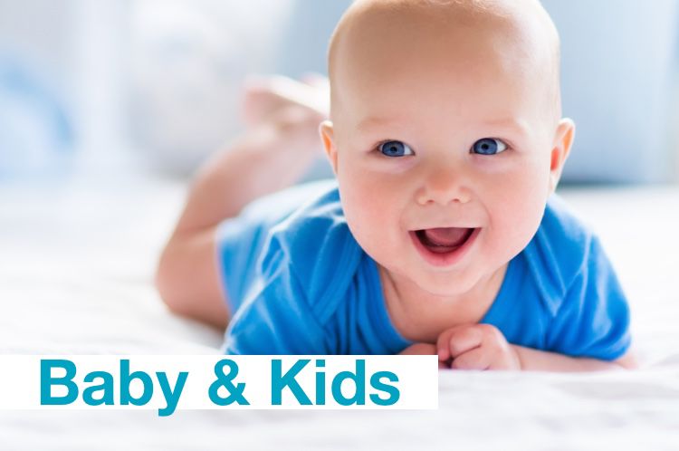 Baby and Kids category. Picture shows a toddler smiling on top of a cushion