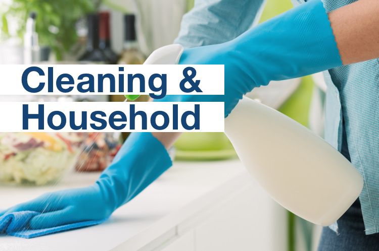 Cleaning and Household category. Picture shows a kitchen top with person using gloves, spray and rag to clean