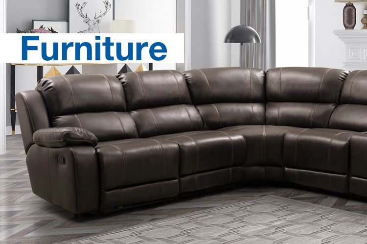 Furniture category. Picture shows a large, brown sofa with reclining corners