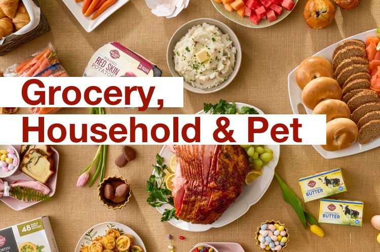 Grocery, Household and Pet category. Picture shows a table with an assortment of food including ham, vegetables, and baked goods