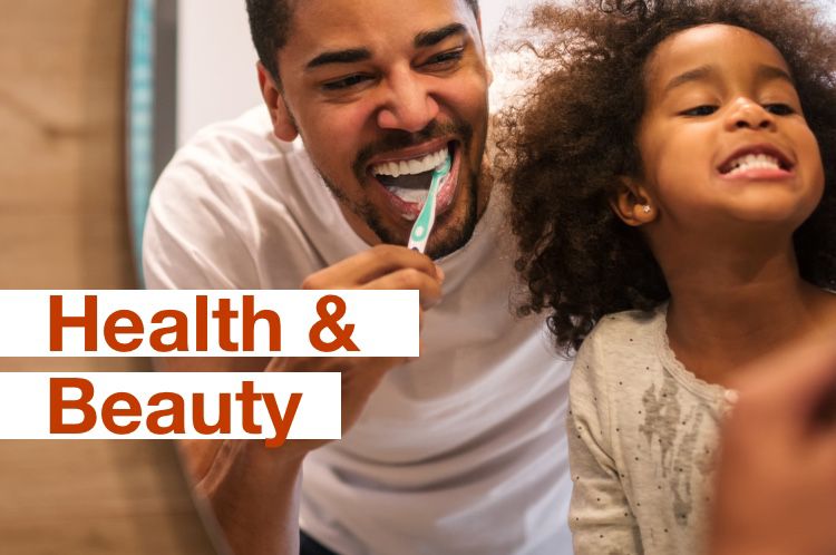 Health and Beauty category. Picture shows a father and child brushing their teeth