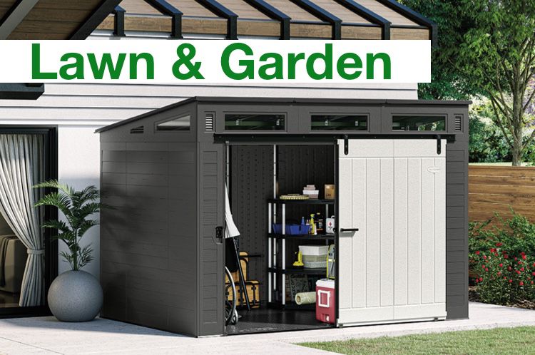 Lawn and Garden category. Picture shows a patio shed with tools and garden supplies
