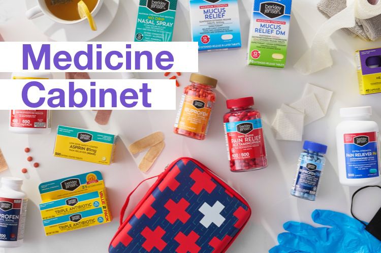 MedicineCabinet category. Picture shows a flat lay of medicine products, including pain releif, bandages, etc.