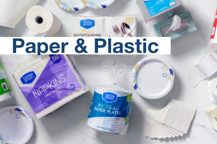 Paper and Plastic category. Picture shows an assortment of paper products including napkins, plates, toilet paper, etc.