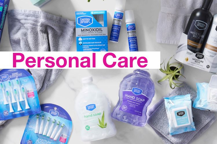 Personal Care category. Picture shows a flat lay of hygiene and beauty products