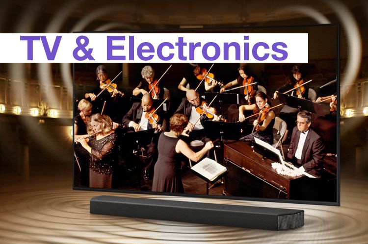 TV and Electronics category. Picture shows a flatscreen TV with soundbar.
