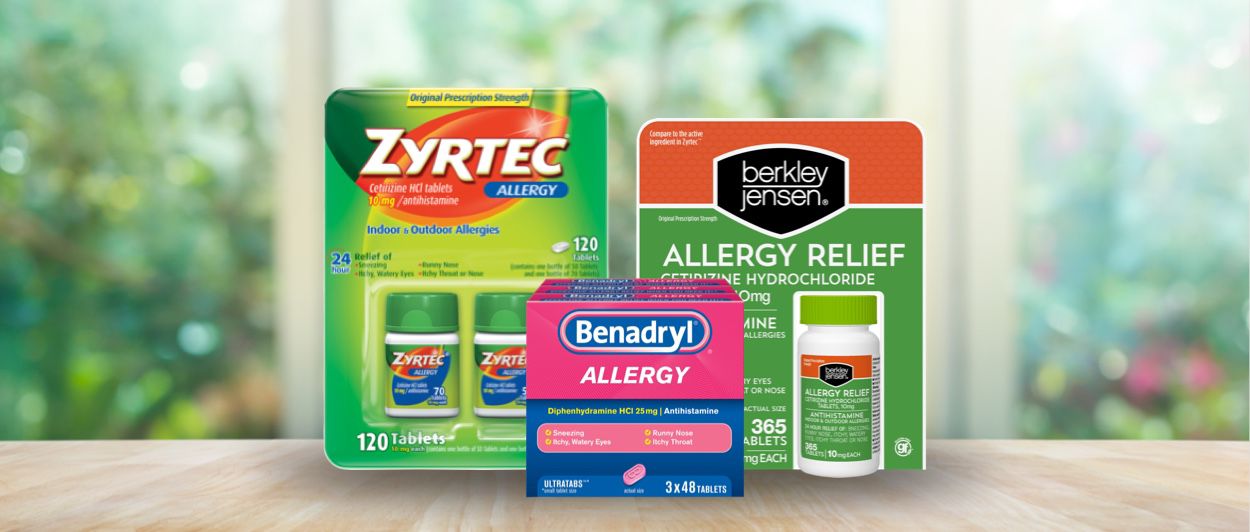 Benadryl, Zyrtec and Berkley Jensen allergy medications