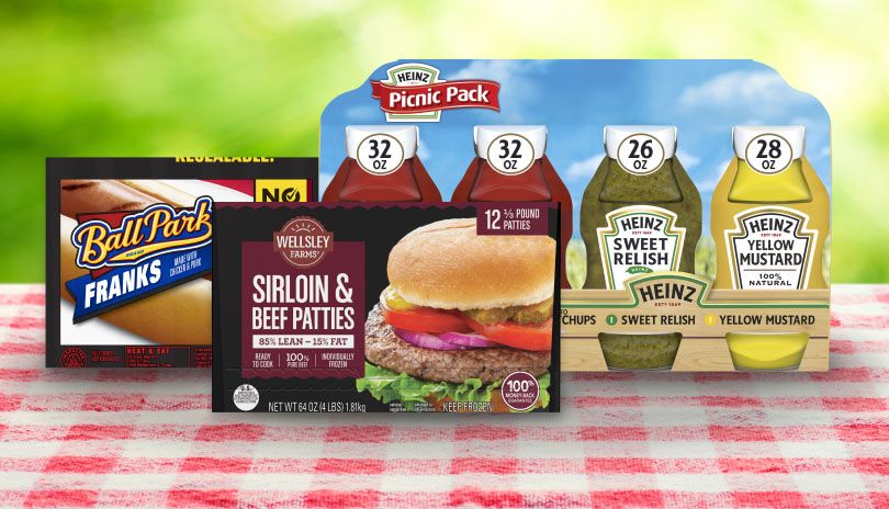 Ballpark Franks, Wellsley Farms Sirloin patties, Heinz Picnic Pack condiments and more!