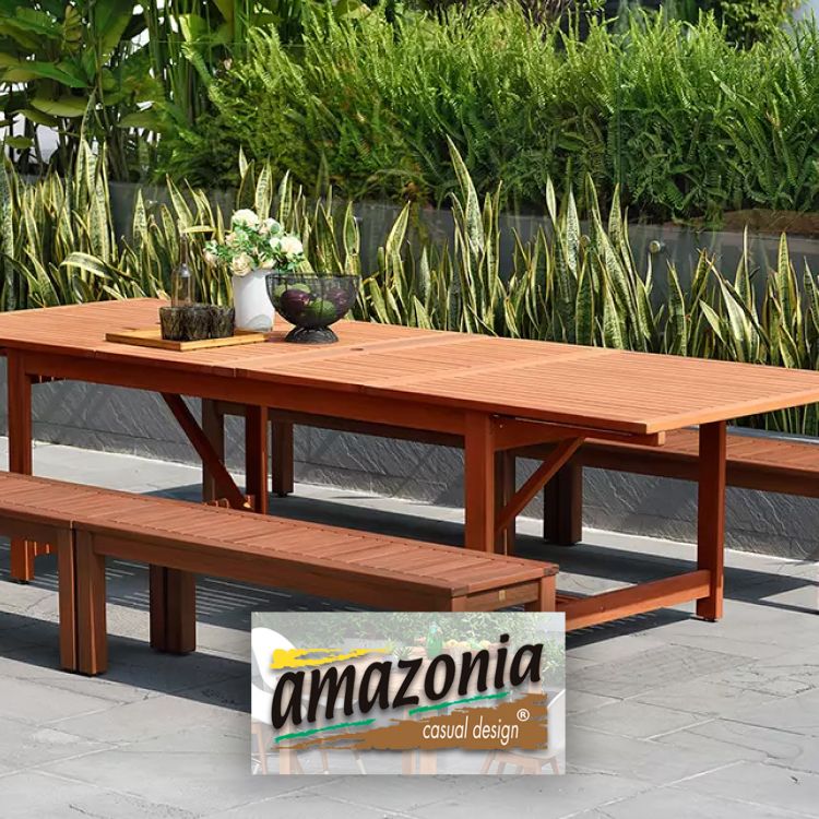 Long outdoor wooden table with benches, Amazonia