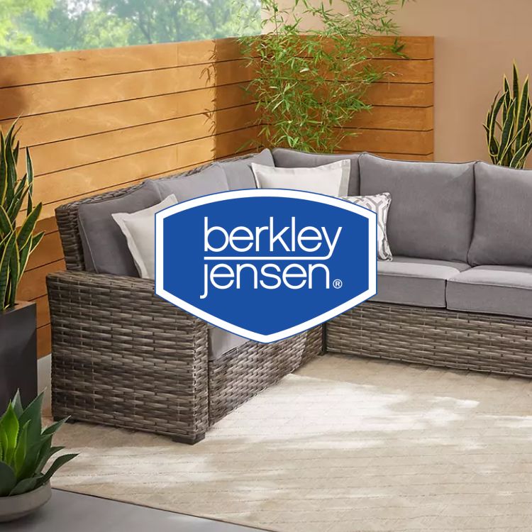 Berkley Jensen furniture in 2023, logo of Berkely Jensen overlay