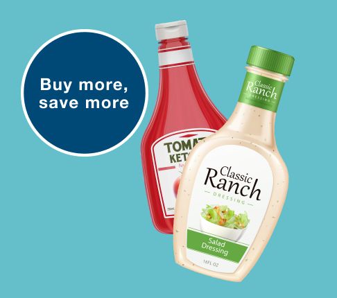 Buy more, save more. Picture of Ketchup and Ranch on a teal background.